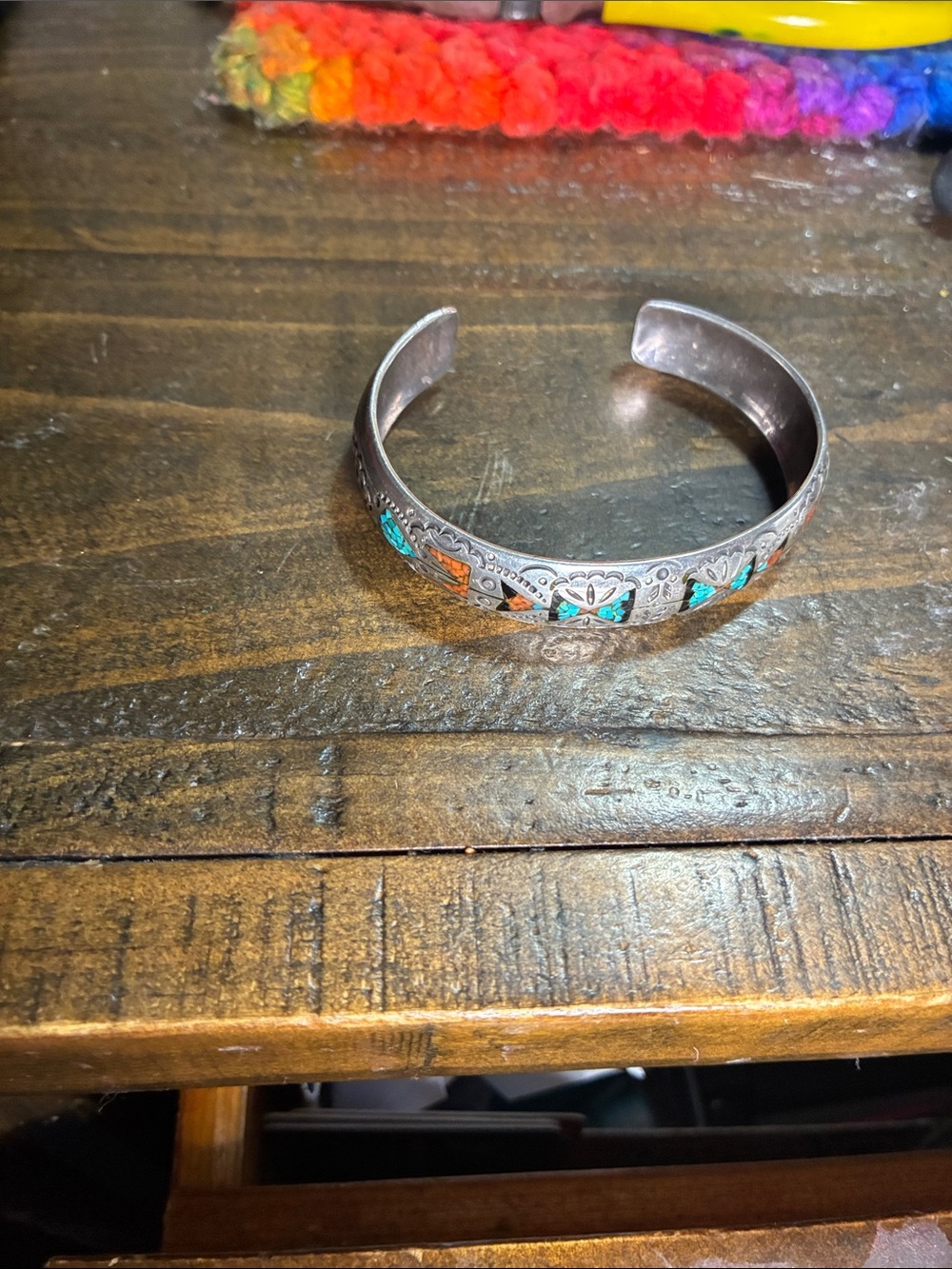 Sterling Silver Turquoise & Coral Accent Open Cuff Bracelet - Navajo made